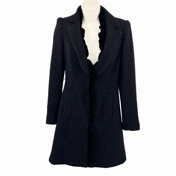 INC INTERNATIONAL CONCEPTS BLACK BOUCLE COAT W/ VELVET RUFFLE & METALLIC THREAD - Picture 1 of 5